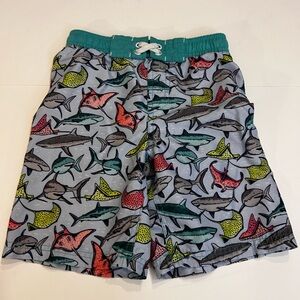 Cat & Jack Gray Swim Shorts with Multicolor Shark Print and Teal Waistband